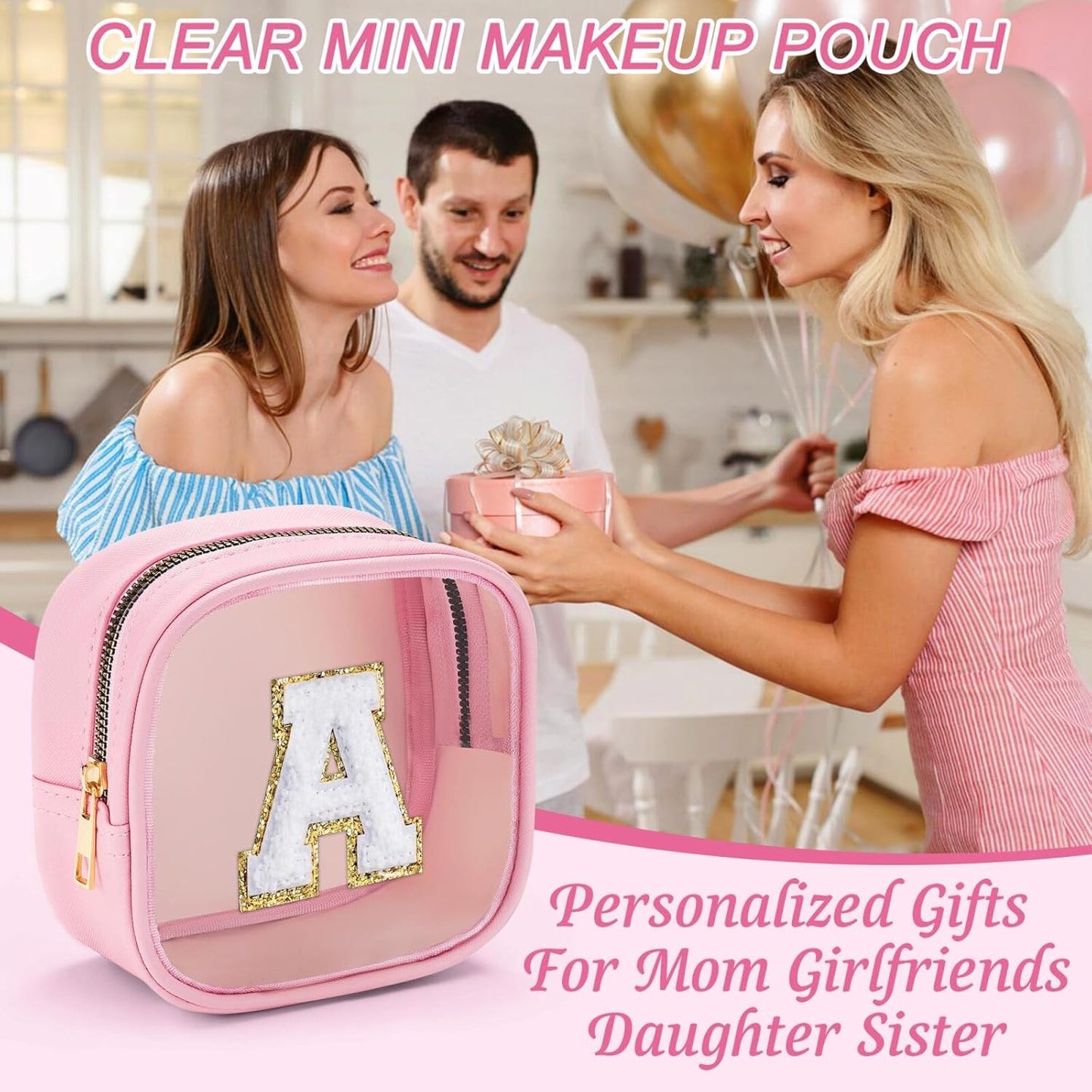 YOOLIFE Mini Initial Makeup Bag | Travel Toiletry Bag | Clear Makeup Bag | Travel Essentials Gifts for Women Teen Girlfriend Teacher Birthday Gifts Clear Toiletry Bag Small Mini Cosmetic Bag Pink S