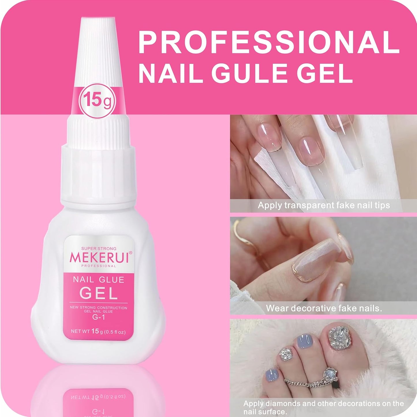Super Strong Nail Glue Gel (15g) for Press on Nails,Drip and Clog Proof,7S Quickly Dry Without UV Light,Long-Lasting 30+Days,Waterproof Beauty Secret Professional Salon Quality (1, Nail Glue)