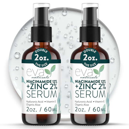 Eva Naturals Niacinamide 12% + Zinc Serum for Face – Dark Spot Remover, Pore Minimizer, Redness Relief, Hydrating Vitamin B3 with Botanical Hyaluronic Acid, Anti-Aging Serum for Clear Skin (2 Pack)