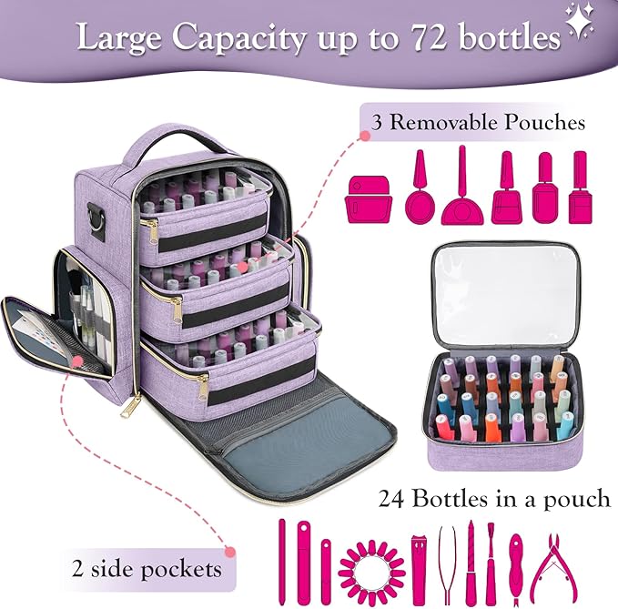 YOREPEK Nail Polish Organizer Holds Up to 72 Bottles (15ml - 0.5 fl.oz) and Nail Lamp, Nail Polish Storage with 3 Removable Pouches & Multiple Storage Sections for Manicure Set, Gifts for Manicurist