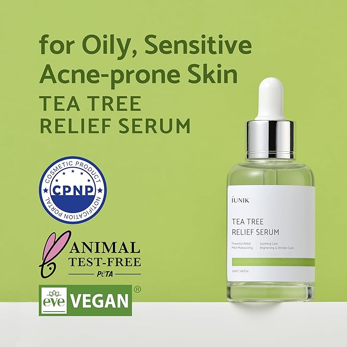 IUNIK Tea Tree Relief Vegan Serum for Acne-Prone Skin - Non-Sticky & Lightweight Facial Ampoule with Centella Asiatica for Soothing, Calming, and Balancing - Korean Skincare 1.7 Fl Oz