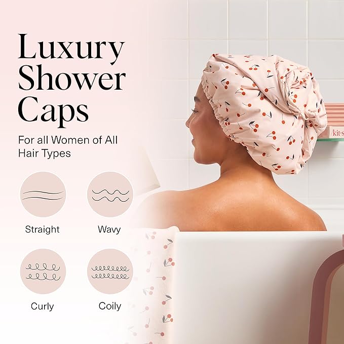 Kitsch Luxury Shower Caps for Women Reusable Waterproof - Large Shower Cap for Women, Non-slip, Quick-dry Hair Cap for Long and Short Hair, Comfortable and Stylish Design - Cherry Print