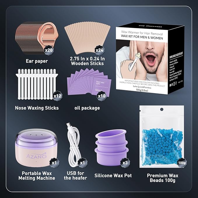 Nose Wax Kit - Portable Wax Warme Hair Removal for Women & Men - 100g Beads, 24 Applicators, 12 Nose Sticks, 3 Silicone Pots-Pink