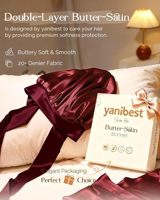 YANIBEST Adjustable Satin Bonnet for Sleeping Women Double Layer Hair Wrap Reduce Friction Prevent Frizz Natural Curly Hair