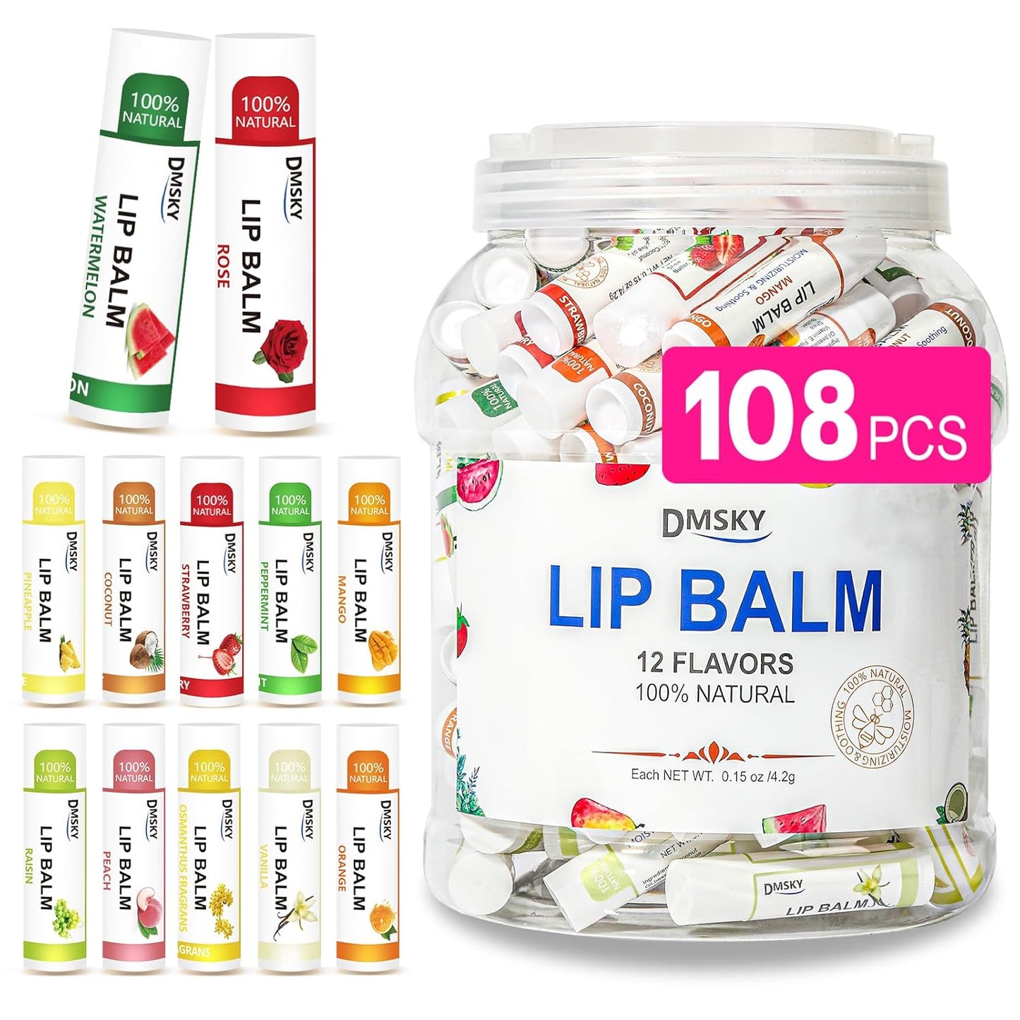 DMSKY Lip Balm Bulk 108 Pack, Lip Balm Hydrating with Vitamin E and Coconut Oil 12 Flavors, Lip Moisturizer Treatment - Party Favors Bulk Gift