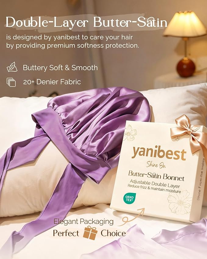 YANIBEST Adjustable Satin Bonnet for Sleeping Women Double Layer Hair Wrap Reduce Friction Prevent Frizz Natural Curly Hair