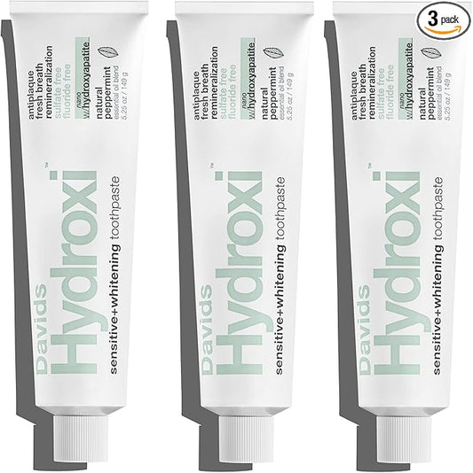 Davids Hydroxi Fluoride Free Nano Hydroxyapatite Toothpaste for Remineralizing, Sensitive Support, Whitening, Antiplaque, SLS Free, Natural Peppermint, 5.25oz, Made in USA (3 Pack)