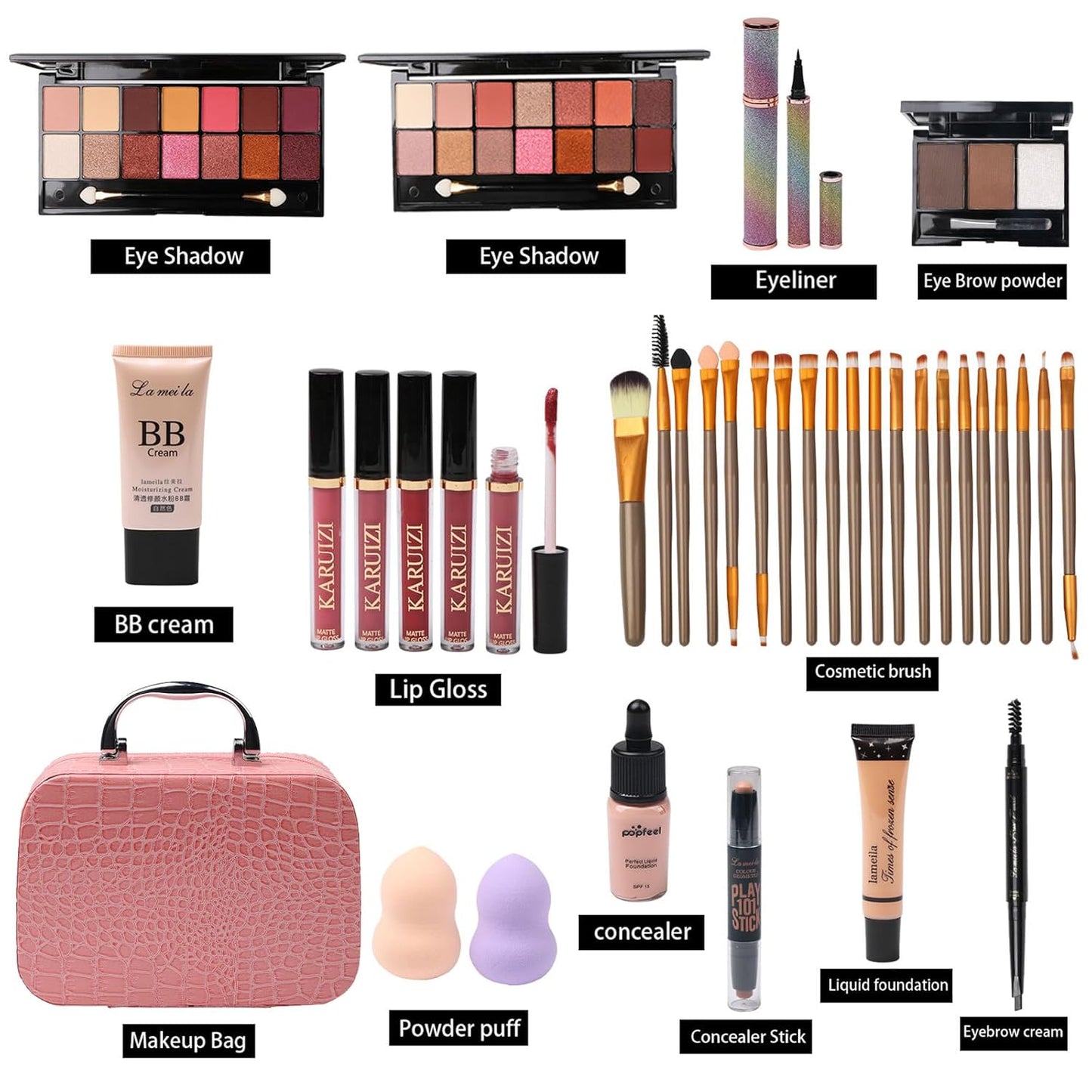 All in One Makeup Kit for Makeup storage bag 2X14 Colors Eyeshadow Palette Liquid Foundation Eyeliner Pencils Contouring Stick Lip Gloss Eyebrow Pencils 20Pcs Makeup Brushes etc For Women Girls Teens (Pink)