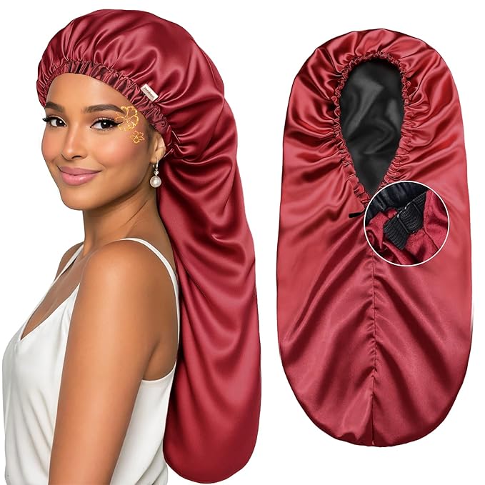 YANIBEST Satin Sleep Bonnet for Natural Hair - Extra Double Layer Long Adjustable Silk Hair Bonnet for Braids, Locs, Curls - Women’s Night Hair Protection Cap