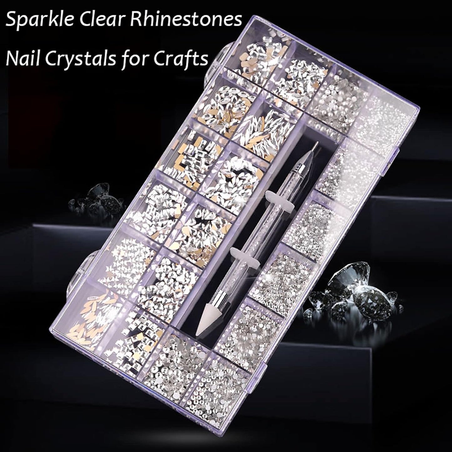 Nail Rhinestones Kit, Nail Art Decorations with Wax Pencil Flat AB Rhinestones Kit DIY Crafts Gemstones for Nail, Shoes, Clothes, Jewels (600 Red Diamonds + 2500 Flat Rhinestone)