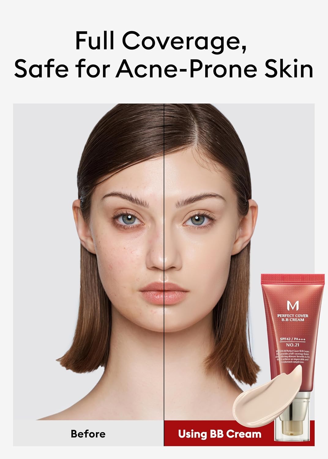 MISSHA M Perfect Cover BB Cream No.21 Light Beige - Light with Cool Undertone SPF 42 PA +++1.69 Fl Oz - Tinted Moisturizer for face with SPF