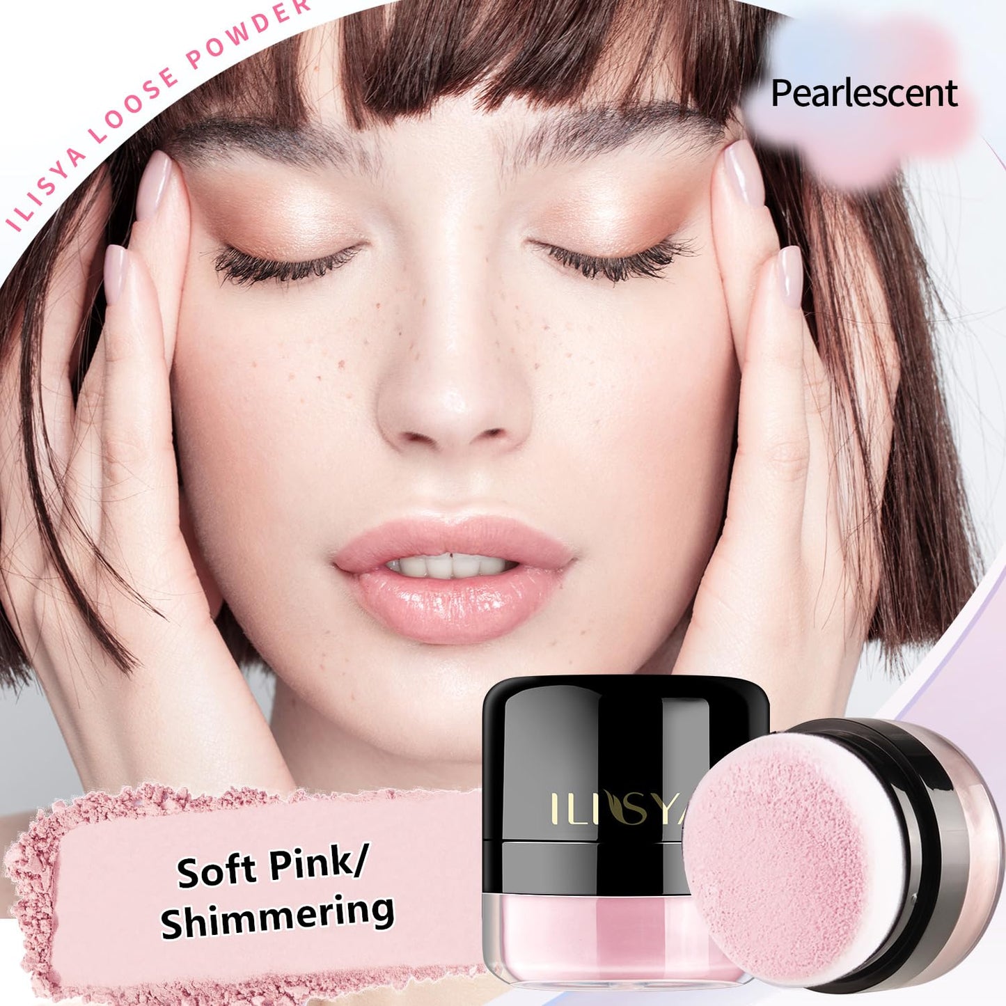 Setting Powder Lightweight Loose Powder Finishing Powder Long-Lasting Face Powder Waterproof with Soft Mushroom Powder Puff & Mirror, Shimmery Finish,0.28 Oz (Soft Pink/Shimmering)