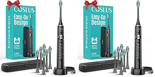 COSLUS Sonic Electric Toothbrush for Adults C40(DY-108Pro):47000 VPM for Deep Cleaning with Travel Case Modes for Sensitive Teeth &Brace,Wireless Charging, 6 Brush Heads for Family, Black,(Pack of 2)