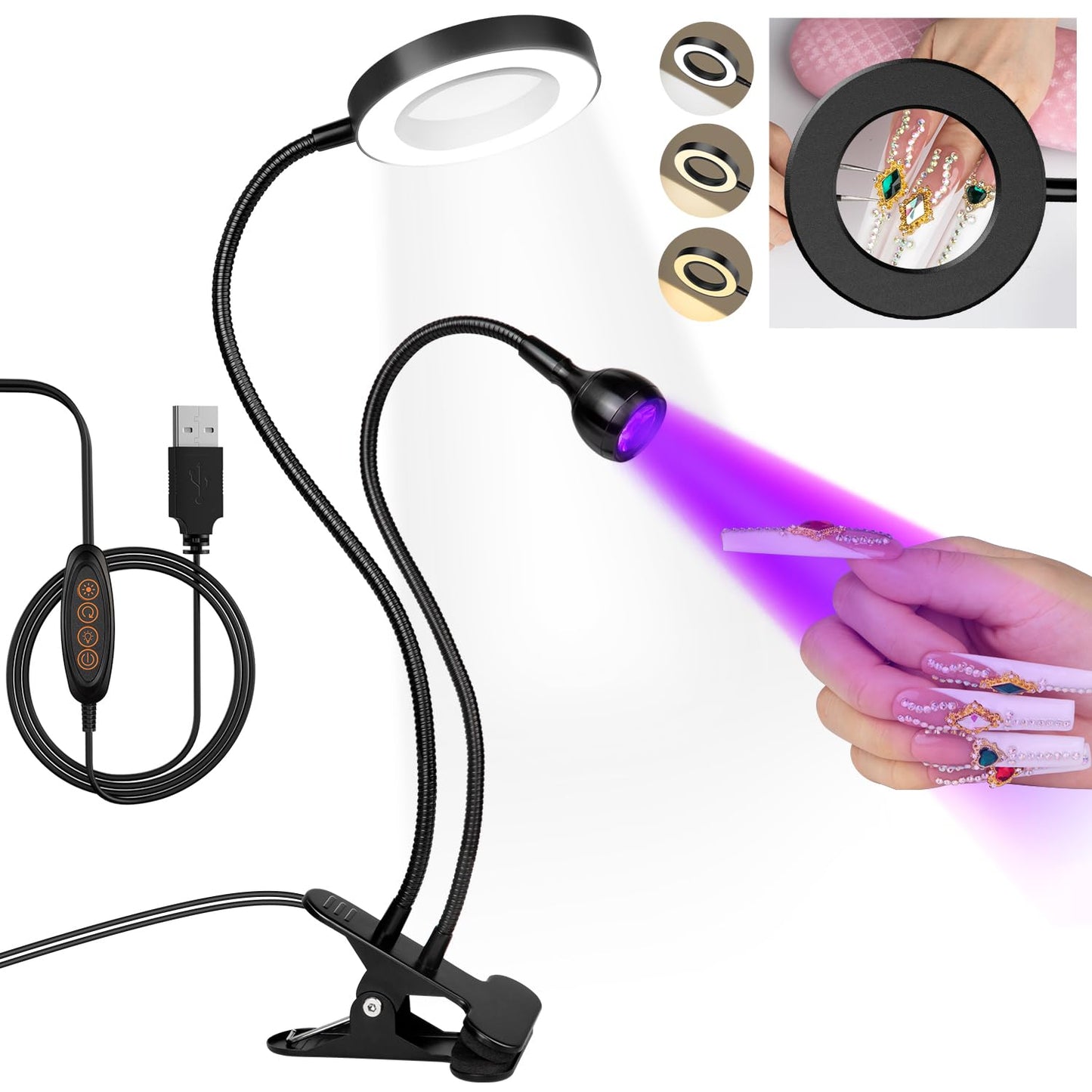AORAEM LED UV Nail Lamp: Double-Headed Gooseneck U V Lamp for Gel Nails, LED Flash Cure Light with 6X Magnifier Home DIY Salon, Black
