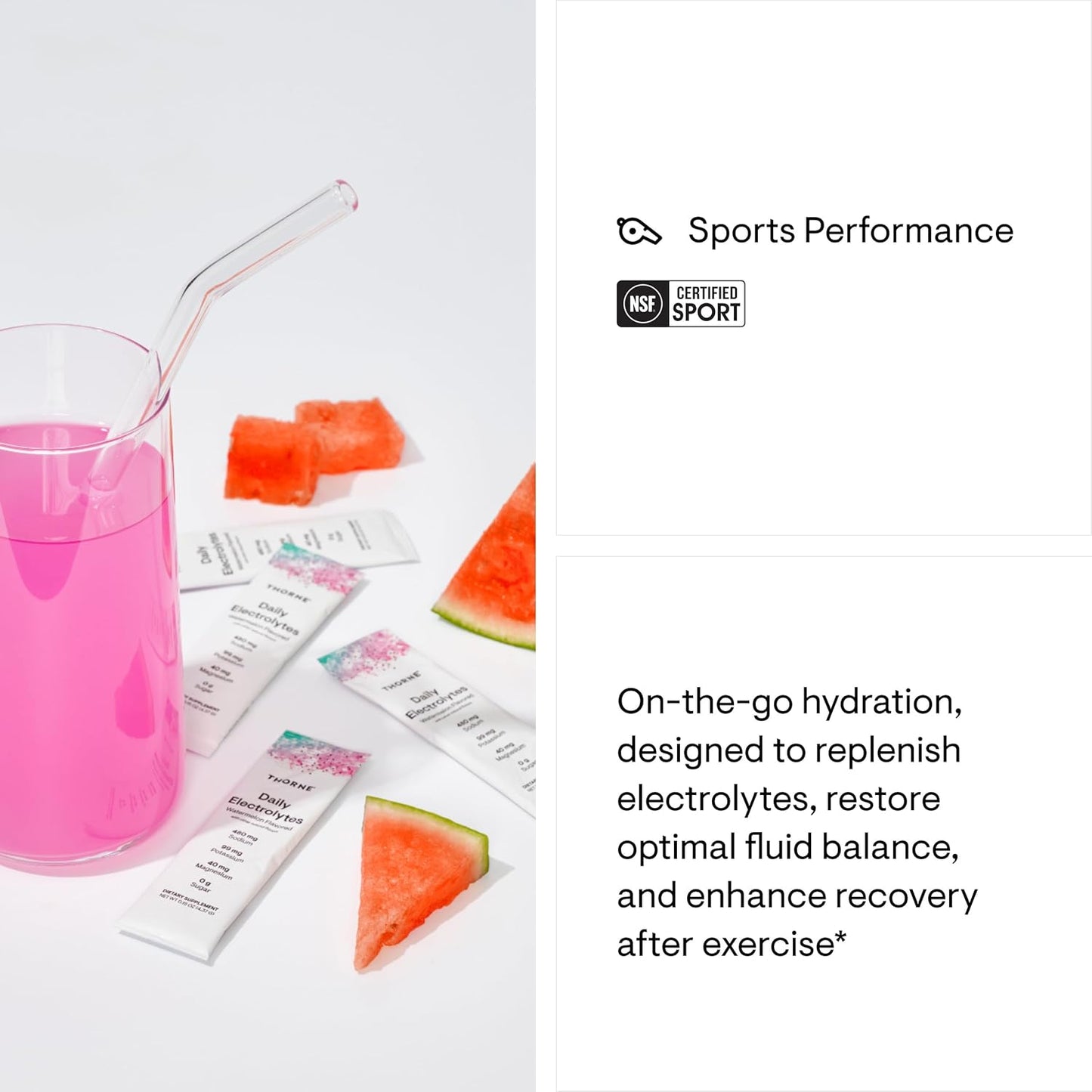 THORNE - Daily Electrolytes - Zero Sugar & Low-Calorie Electrolyte Drink Mix - Naturally Flavored & Sweetened - NSF Certified for Sport - Watermelon - 30 Stick Packs