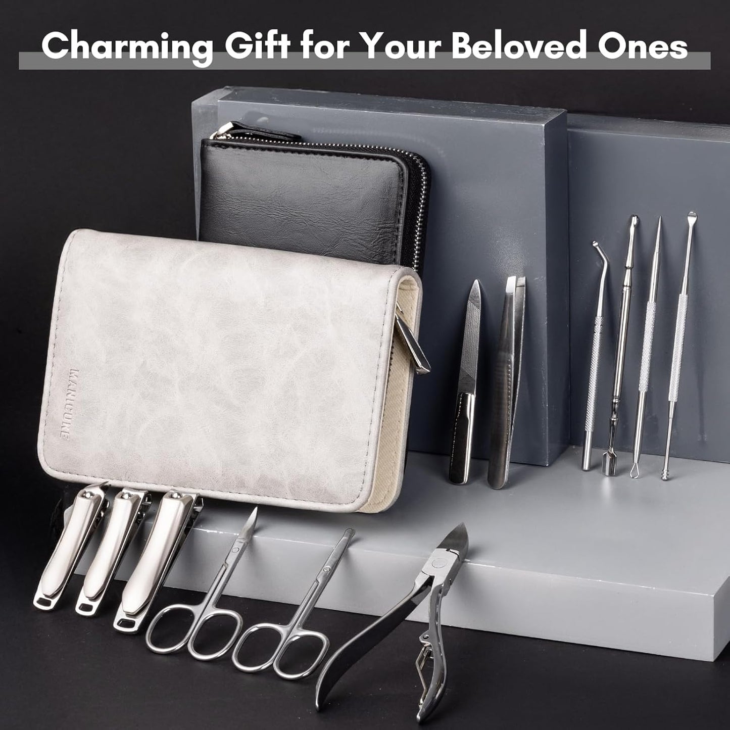 FAMILIFE Professional Manicure Set, Manicure Kit, Nail Clippers Set, Stainless Steel Pedicure Tool, Nail Kit with Portable Leather Travel Case Luxury Gifts for Him