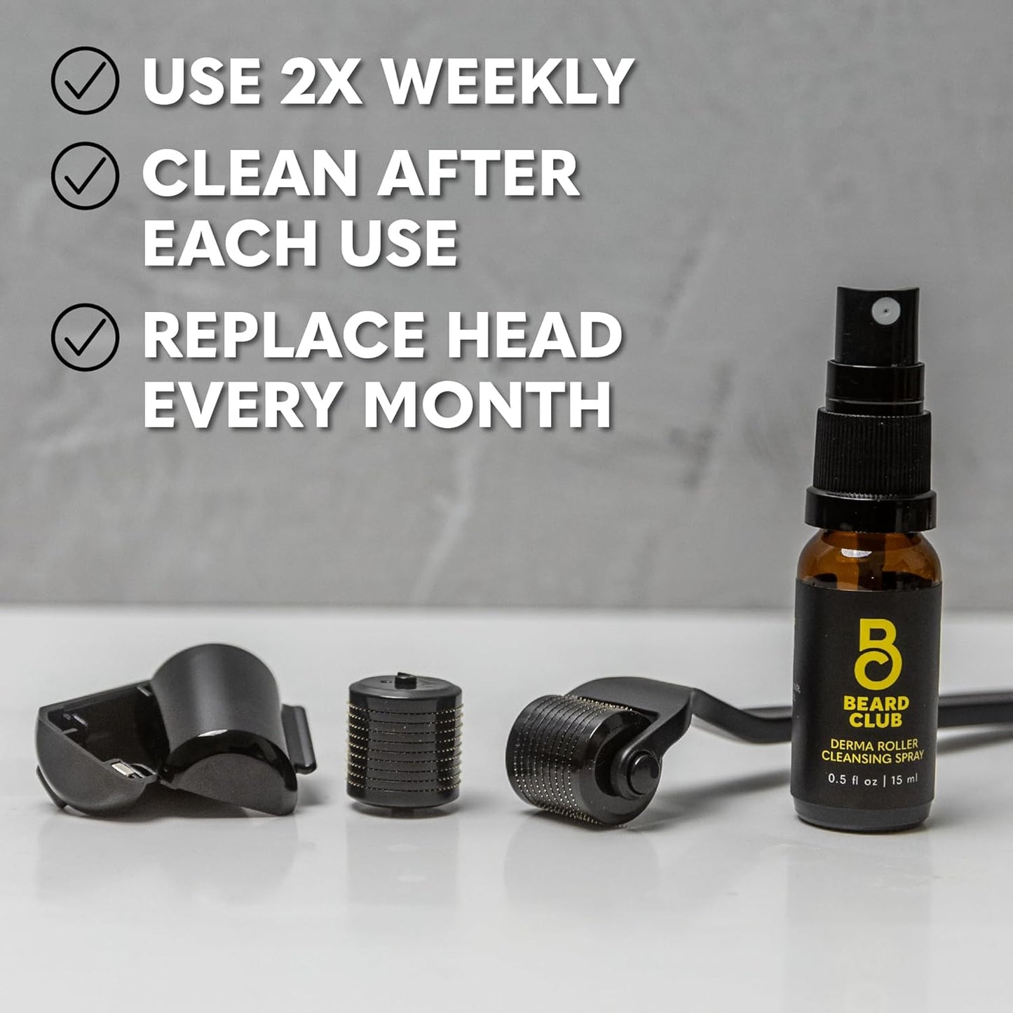 Beard Club Premium Derma Roller, Cleansing Spray & Replacement Head for Face, Body and Scalp - Microneedling Hair & Beard Roller for Men and Women with 540 Titanium Microneedles