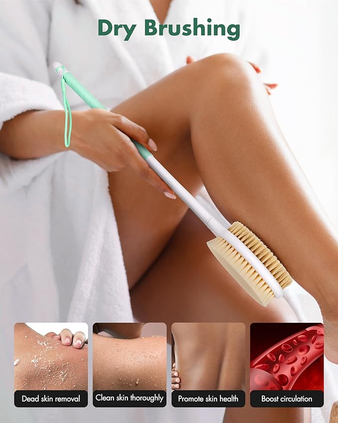 Back Scrubber Body Shower Brush: Anti Slip Long Handle Bath Brush with Stiff and Soft Bristles - Showering Exfoliator Wet or Dry Brushing for Women, Men, Elderly (Mint Green)