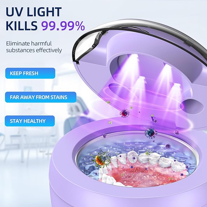 Ultrasonic Retainer Cleaner Machine, 45kHz Ultrasonic Denture Cleaner with 200ML Capacity & 4 Modes for Dental Cleaning Pod, Aligners, Mouthguards, Retainers, Jewelry, Purple
