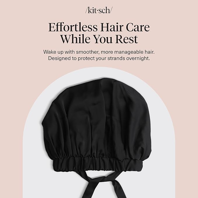 Kitsch XL Satin Bonnet for Sleeping - Softer Than Silk Bonnet For Sleeping Women - Secure Fit, Adjustable, Night Cap For Curly & Textured Hair - Prevents Breakage, Tangles & Thinning - Black
