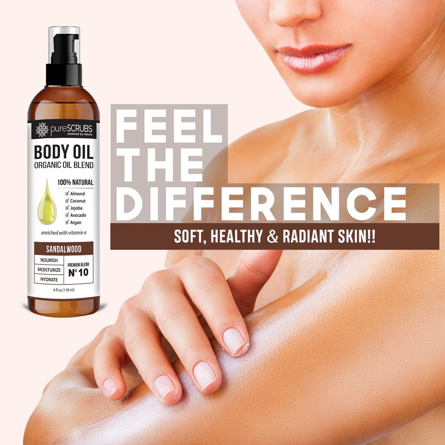 pureSCRUBS Ultra Moisturizing Sandalwood Body Oil Spray For Dry Skin, Massage, Cuticles & More, Organic Blend of Jojoba, Argan, Coconut, Sweet Almond & Avocado Oils Enriched with Vitamin E, Lg 4oz