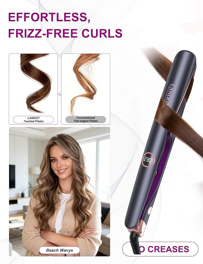 LANDOT 2-in-1 Hair Straightener Curling Iron - Twist Floating Plates for Curl & Straight, Anti-Frizz & Tangle-Free, Dual Voltage Adjustable Temp 250-450°F for All Hair Types