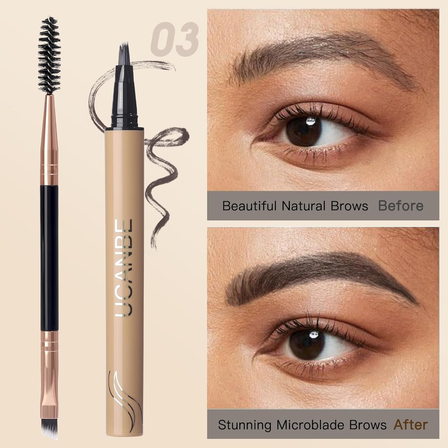 UCANBE Brow-Fection Angled Brush Eyebrow Pen, Liquid Microblading Eyebrow Pencils for Women, Wild Natural Brow Pen for Realistic Hair-Like Brows, Easy to Color, Waterproof, Lasts All Day, Soft Black