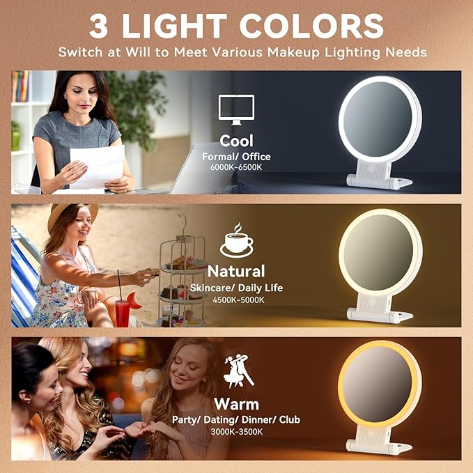 1X/20X Magnifying Mirror with Light, Double Sided Makeup Mirror with Adjustable 3 Color Light, 2000mAh Rechargeable Lighted Magnifying Mirrors with Tweezer, Foldable Travel Mirror with Rotation