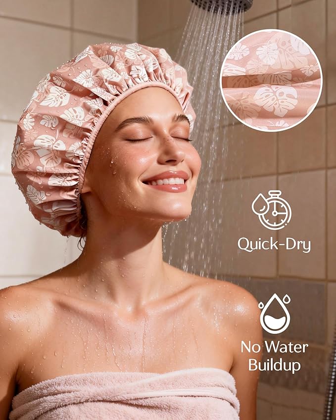 Yanibest Shower Cap for Women - Hair Satin Bonnet Shower Cap for Women Waterproof Extra Large Double Layer Reusable Adjustable for Braids Long Hair