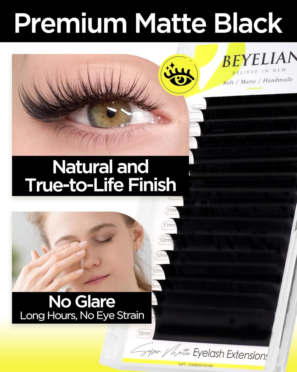 BEYELIAN Eyelash Extension 0.03 D+ Curl 7-15mm Mixed Tray Easy Fan Lash Extensions Volume Lashes 100°/212°F High Temperature Resistant Classic Professional Use Natural Matte Black(0.03 D+ 7-15mm Mix)