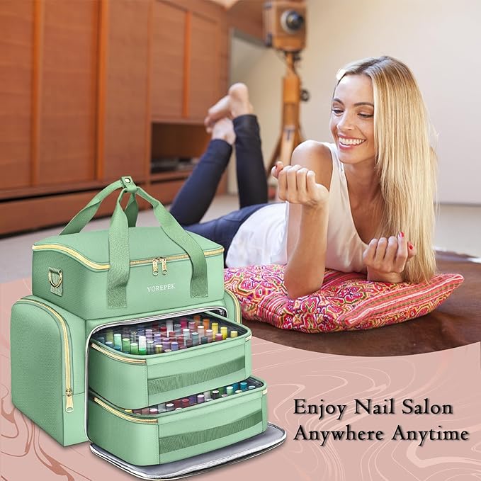 YOREPEK Extra Large Nail Polish Organizer Case Holds 96 to 100+ Bottles (15ml/0.5 fl.oz) UV lamp, Gel Polish Travel Case Bag with 2 Removable Pouches Fits Nail Suppiles, Gifts for Manicurist, Green