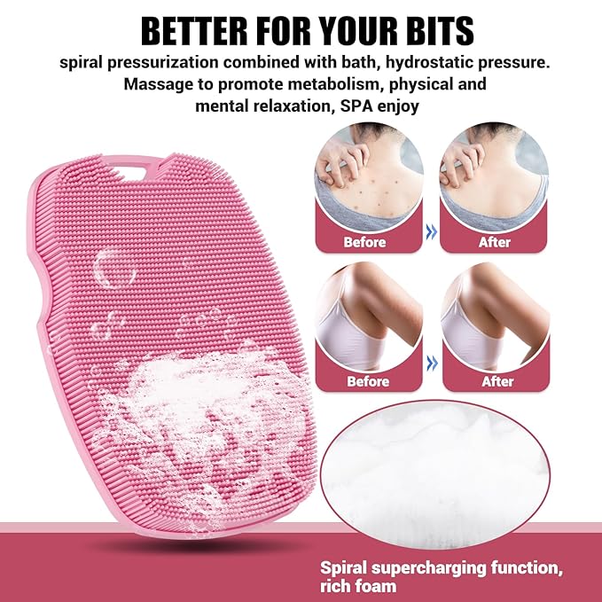 Silicone Body Scrubber - Anti Zinc Infused-Highly Elastic Bristles Exfoliating Body Scrubber for Shower Body,Cellulite Reduction,Blood Circulation - Pink