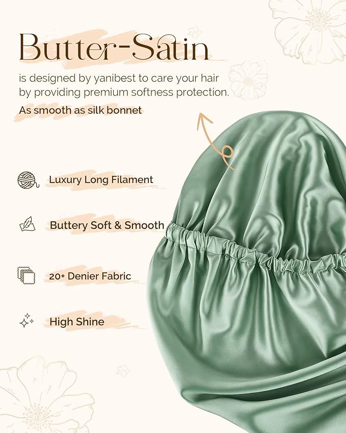 YANIBEST Satin Sleep Bonnet for Natural Hair - Extra Double Layer Long Adjustable Silk Hair Bonnet for Braids, Locs, Curls - Women’s Night Hair Protection Cap
