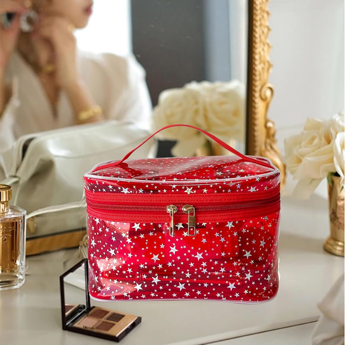 Holographic Makeup Bags Bulk,Clear Storage Bag Toiletry Pocket Portable Zippered Iridescent Pouch Waterproof Cosmetic Gift Bags for Women (Purple-L)