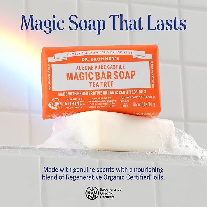 Dr. Bronner's Pure-Castile Magic Bar Soap (Tea Tree, 5 ounce, 6-Pack) - Made with Regenerative Organic Certified Oils, For Face, Body & Hair, Gentle, Vegan, Non-GMO