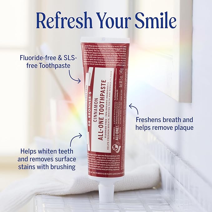Dr. Bronner’s All-One Toothpaste– Cinnamon, 5 oz, 3-Pack– Fluoride-Free Toothpaste for Adults, SLS-Free, 70% Organic & Natural Ingredients, Vegan, Helps Freshen Breath, Reduce Plaque, Whiten Teeth