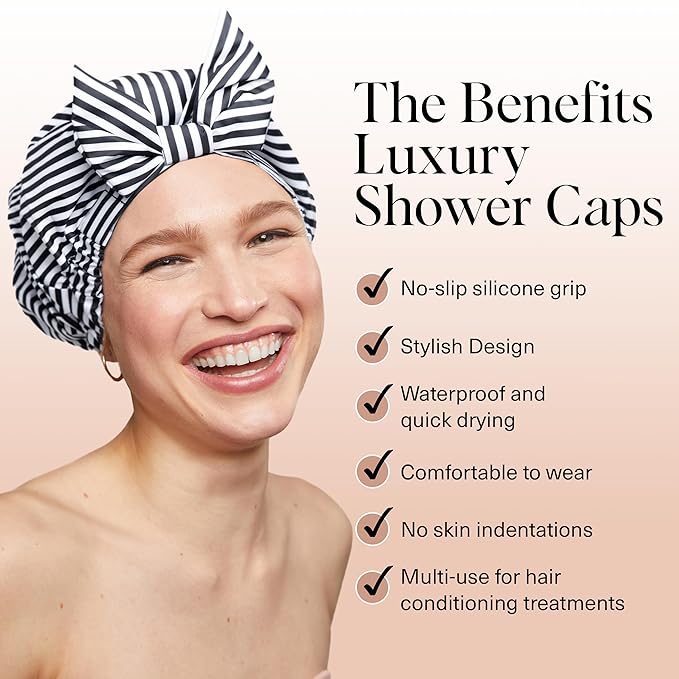 Kitsch Luxury Shower Caps for Women Reusable Waterproof - Large Shower Cap for Women, Non-slip, Quick-dry Hair Cap for Long and Short Hair, Comfortable and Stylish Design - Stripe