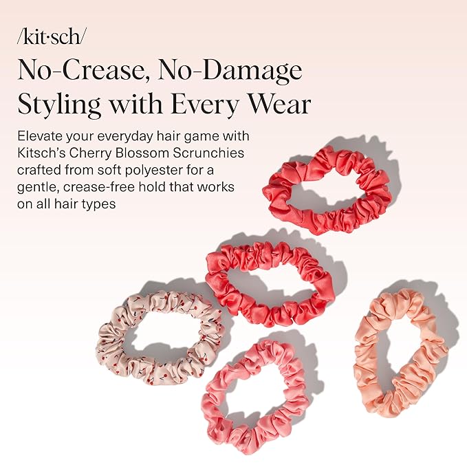 Kitsch Ultra-Petite Satin Scrunchies for Women - No Crease, Frizz-Free Sleep | Softer Than Silk Scrunchies Gentle On Hair Scrunchies for All Hair Types | Stylish Hair Accessories- Cherry Blossom, 5pcs
