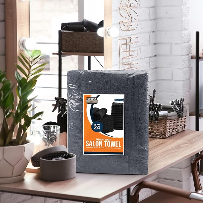 Utopia Towels Cotton Bleach Proof Salon Towel 16 by 27 inches, Bleach Safe 100% Cotton Hand Towel for Gym, 24 Pack, Dark Grey