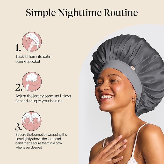 Kitsch XL Satin Bonnet for Sleeping - Softer Than Silk Bonnet For Sleeping Women - Secure Fit, Adjustable, Night Cap For Curly & Textured Hair - Prevents Breakage, Tangles & Thinning - Charcoal
