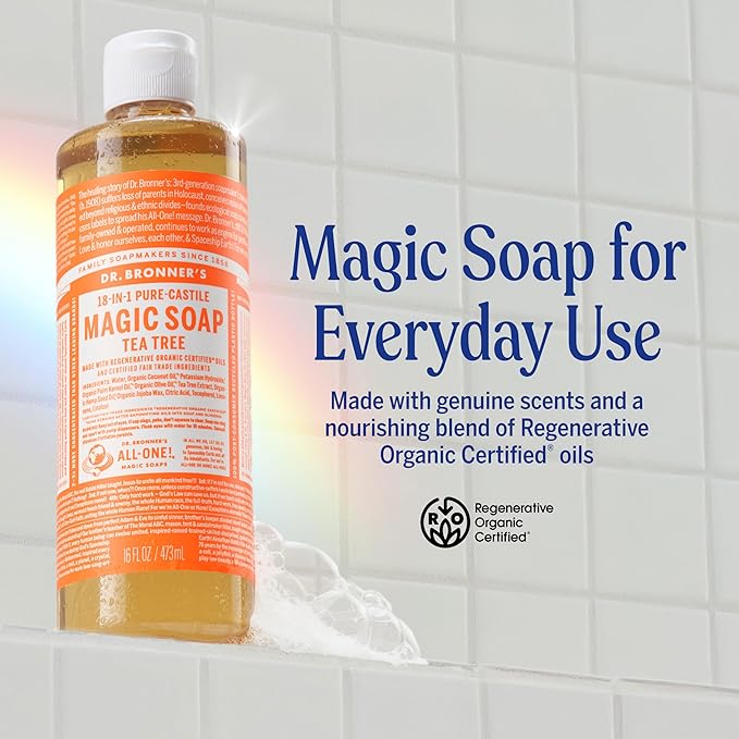 Dr. Bronner’s - Pure-Castile Liquid Soap (Tea Tree, 32 ounce) - Made with Organic Oils, 18-in-1 Uses: Acne-Prone Skin, Dandruff, Laundry, Pets and Dishes, Concentrated, Vegan, Non-GMO