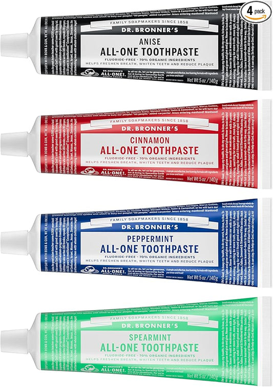 Dr. Bronner’s All-One Toothpaste 4 Pack Variety – (Peppermint, Spearmint, Cinnamon, Anise, 5oz Each) – 70% Organic Ingredients, SLS Free Toothpaste, Fluoride Free, Natural, Vegan, for Sensitive Teeth