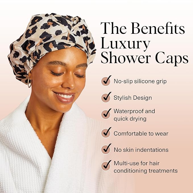 Kitsch Luxury Shower Caps for Women Reusable Waterproof - Large Shower Cap for Women, Non-slip, Quick-dry Hair Cap for Long and Short Hair, Comfortable and Stylish Design - Leopard