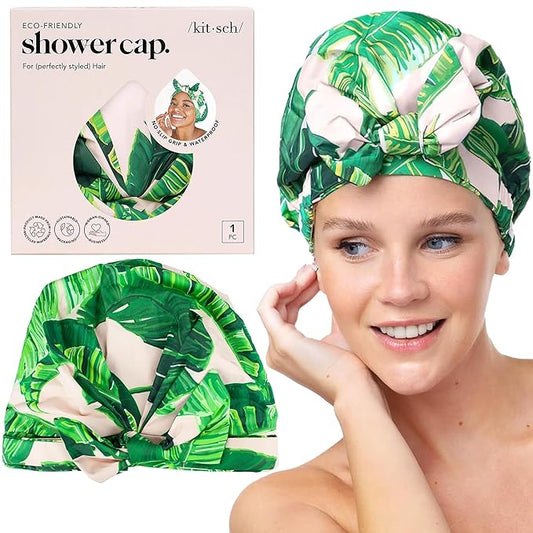 Kitsch Luxury Shower Caps for Women Reusable Waterproof - Large Shower Cap for Women and Men, Non-slip, Quick-dry Hair Cap for Long & Short Hair, Comfortable and Stylish Design - Palm Leaves