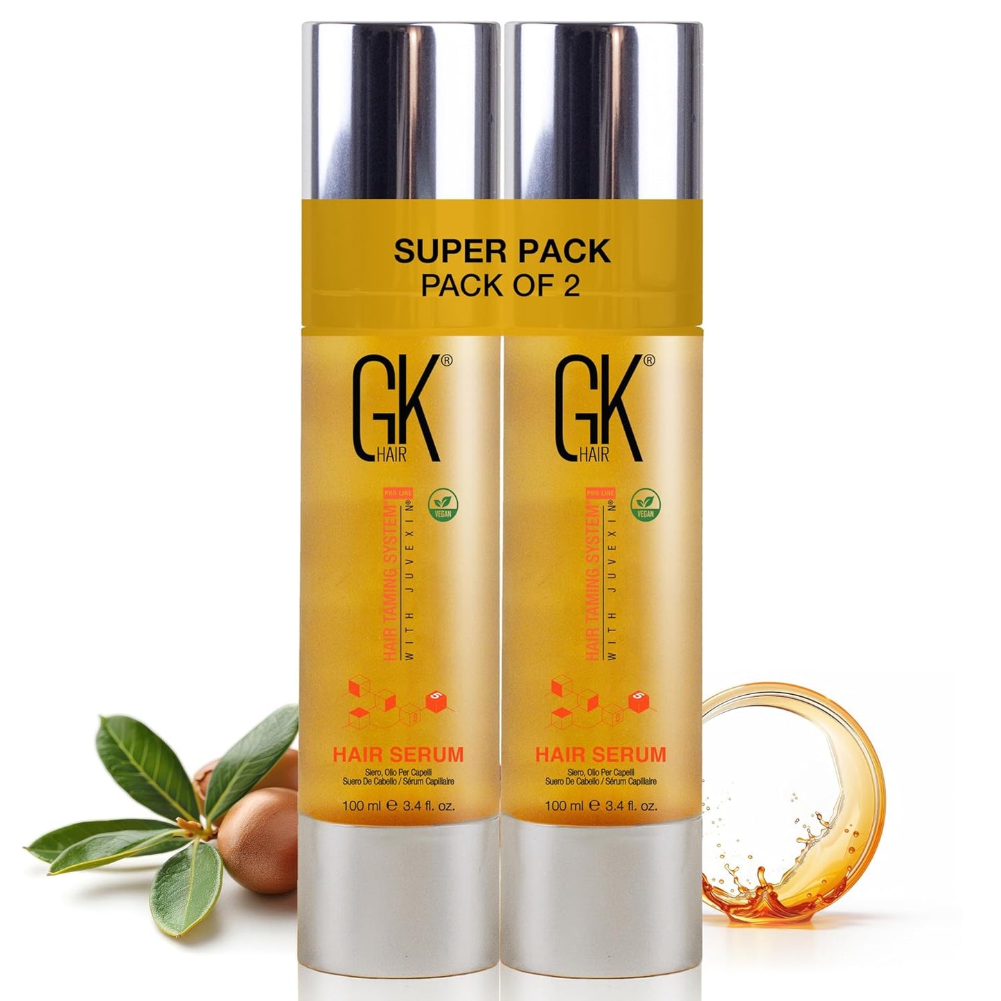 GK HAIR Global Keratin 100% Organic Argan Oil Anti Frizz Hair Serum Pack of 2 (3.4 Fl Oz/100ml) Styling Smoothing Strengthening Hydrating & Nourishing Heat Protection Shine For Frizzy Dry Damaged Hair