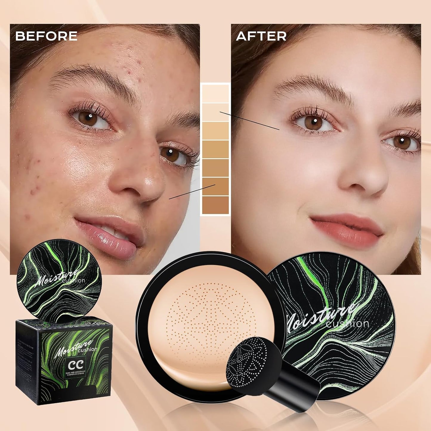 Air Cushion CC Cream Mushroom Head Foundation - Moisturizing BB Cream Makeup Long Lasting Matte Conceale, Oil Control Waterproof Makeup Base Primer (Beige, 1 PCS)