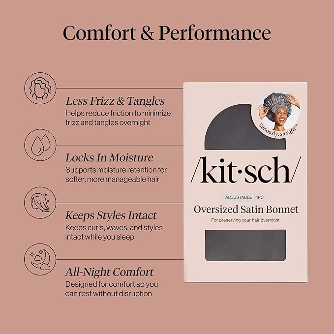 Kitsch XL Satin Bonnet for Sleeping - Softer Than Silk Bonnet For Sleeping Women - Secure Fit, Adjustable, Night Cap For Curly & Textured Hair - Prevents Breakage, Tangles & Thinning - Charcoal