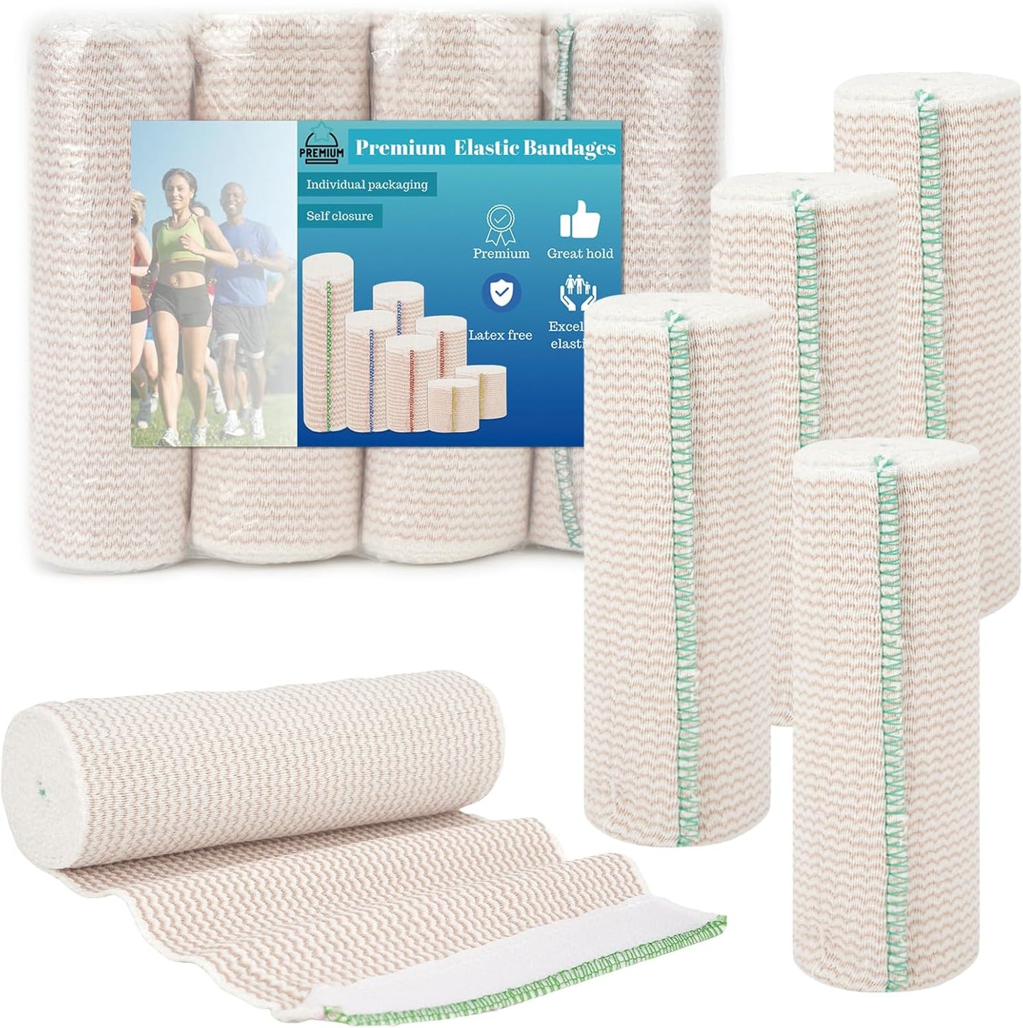 Premium Elastic Bandage Wrap 6 inch 4 Pack Reusable Versatile Self-Closing Compression Bandage Wraps for Ankles, Wrists Knee, Tummy and Body Cotton Lymphedema Wraps for Legs Latex-Free