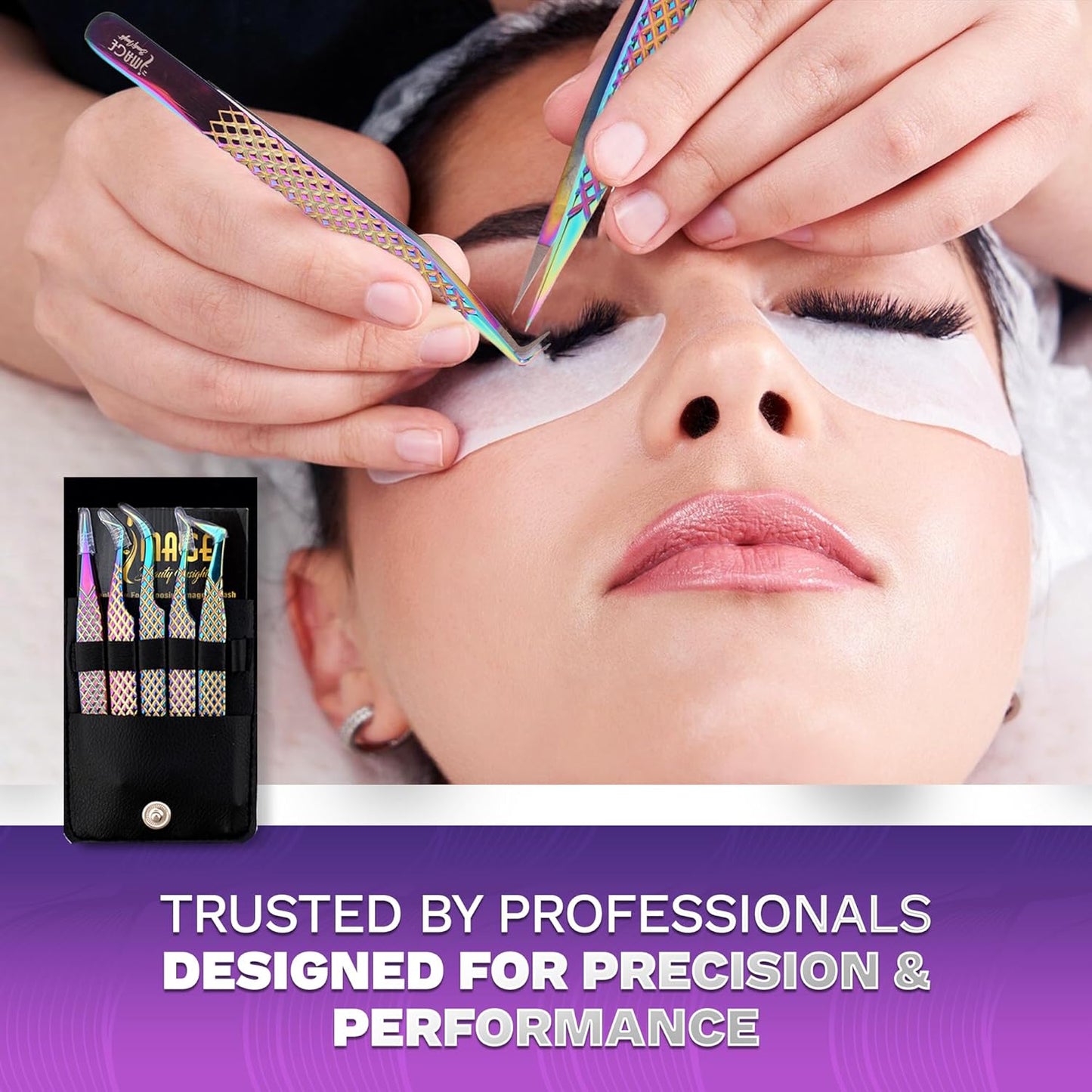 5 Pcs Fiber-Tip Japanese Steel Lash Tweezer Set with Leather Case, Professional Eyelash Tweezers for Lash Extensions – Titanium Coated, 90 & 45 Angled, Precision Pointed Tweezers (Rainbow Color)