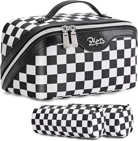 BOYATU Travel Makeup Bag Cosmetic Bags for Women: Large Make up Bags Set of 3 - Portable Makeup Organizer with Compartments&Handle&Divider - Waterproof PU Leather Toiletry Bag(A-5-Checkered Mix Black)